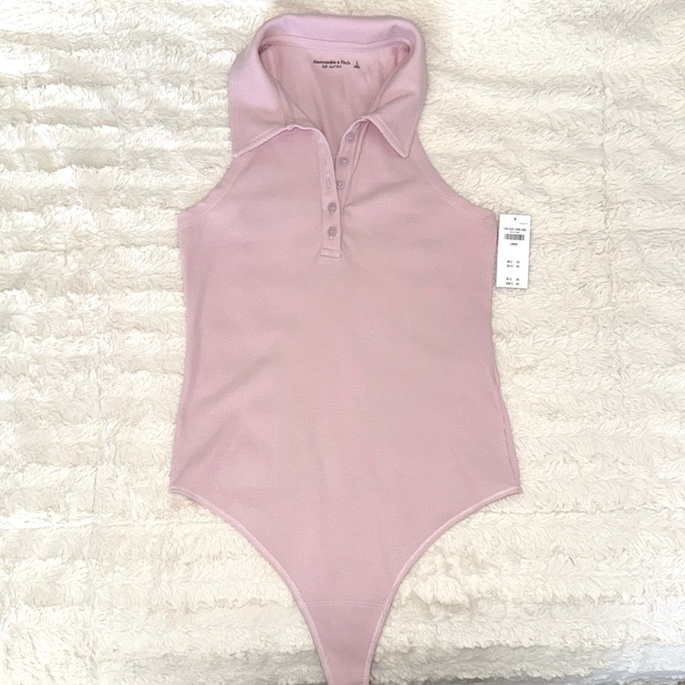 Abercrombie & Fitch Ribbed Polo Bodysuit – Muted Pink, Size Large | NWT